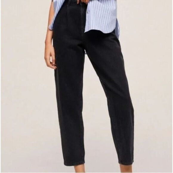 Mango Womens Jeans Black 10 High Waist Slouchy Cropped Sustainable Pleated Front - Picture 1 of 7